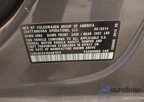 2014 Volkswagen Passat 2.0L Tdi Sel Premium from USA, damaged, VIN 1VWCN7A31EC087572